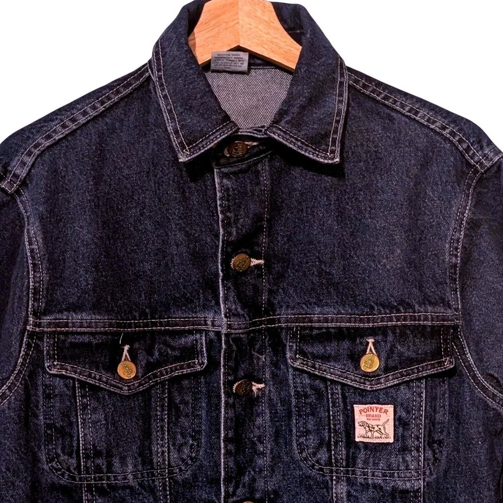 Vintage 80s Pointer Brand Mens Dark Denim Trucker Jacket Indigo Blue Made USA S